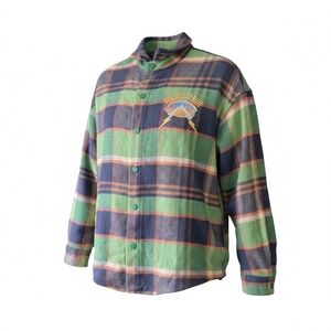 JHYQ Green & Navy Plaid Button-Front Men's Shirt Jacket SZ LARGE